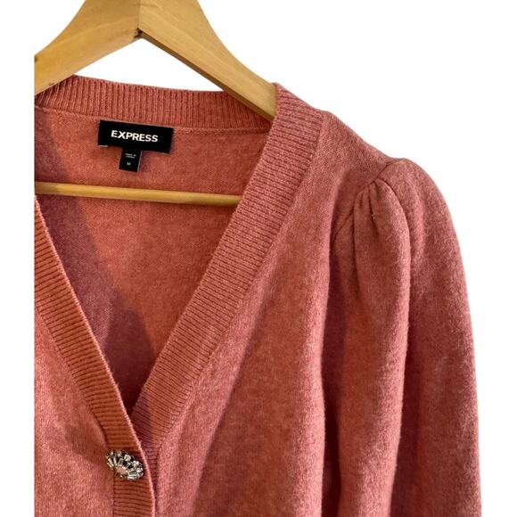 NEW EXPRESS $98 M PINK JEWEL EMBELLISHED BUTTON PUFF SLEEVE SWEATER COQUETTE Y2K - Picture 8 of 12